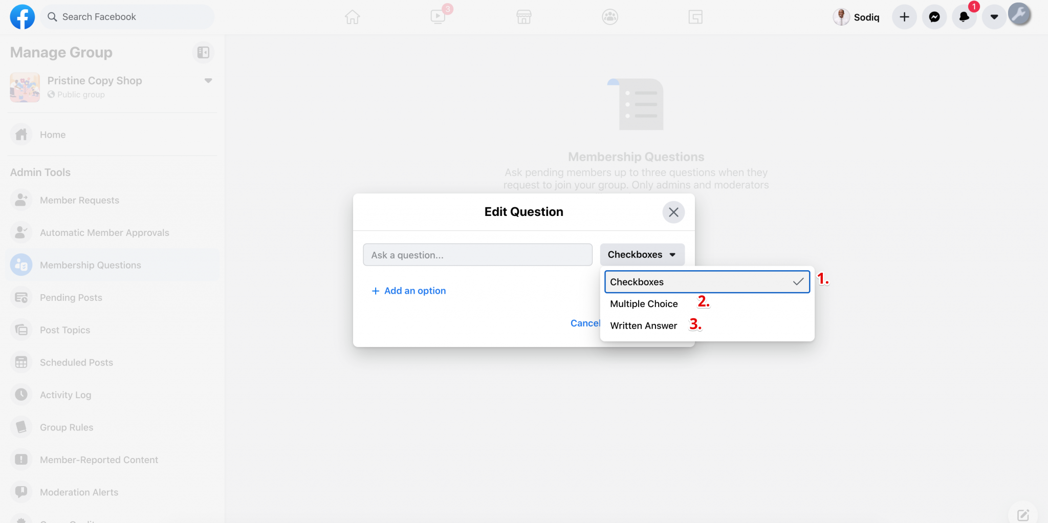 how to add questions to a private facebook group