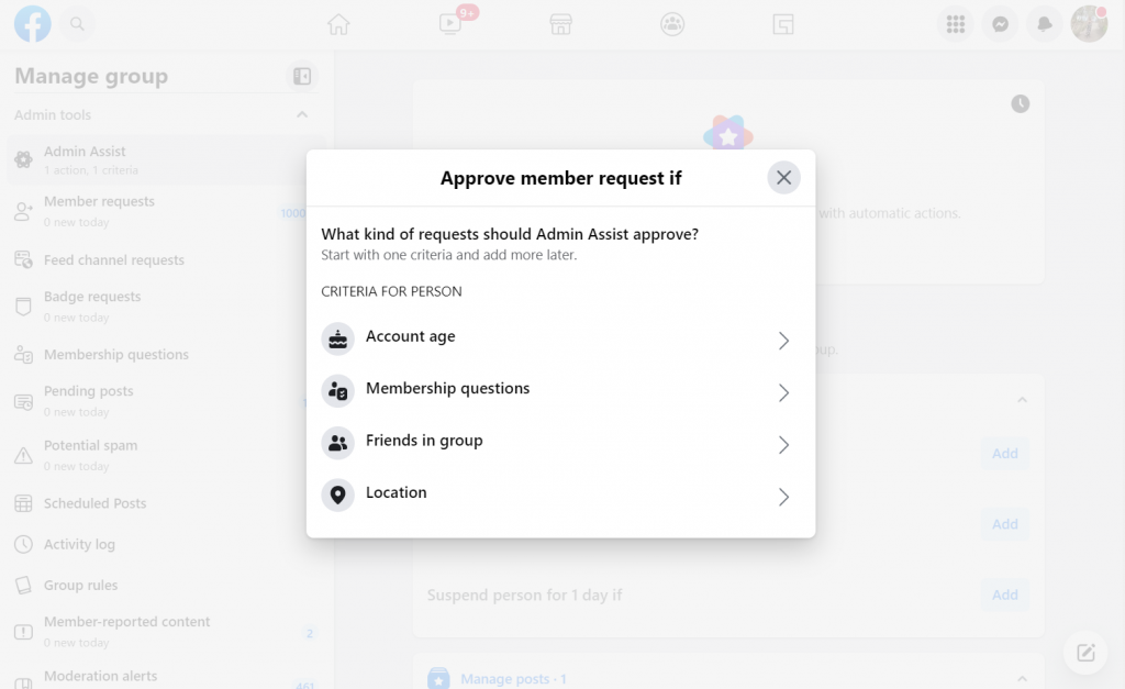 Facebook Group Admin Assist on setting up criteria for approving member requests