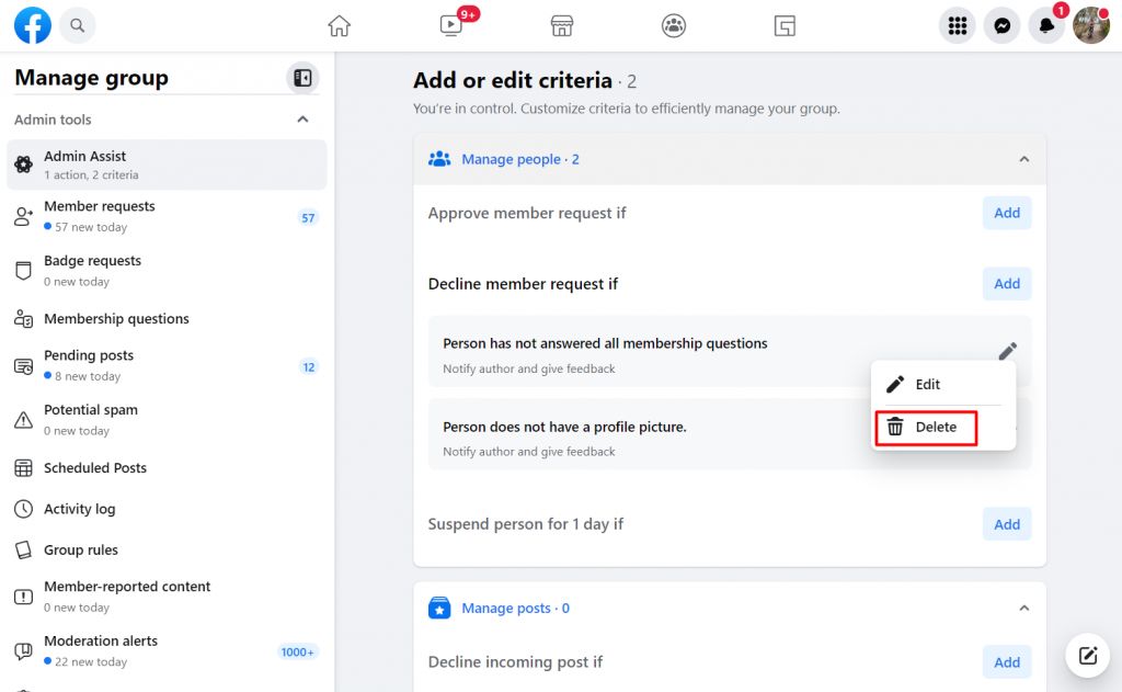 How to deactivate Facebook group admin assist