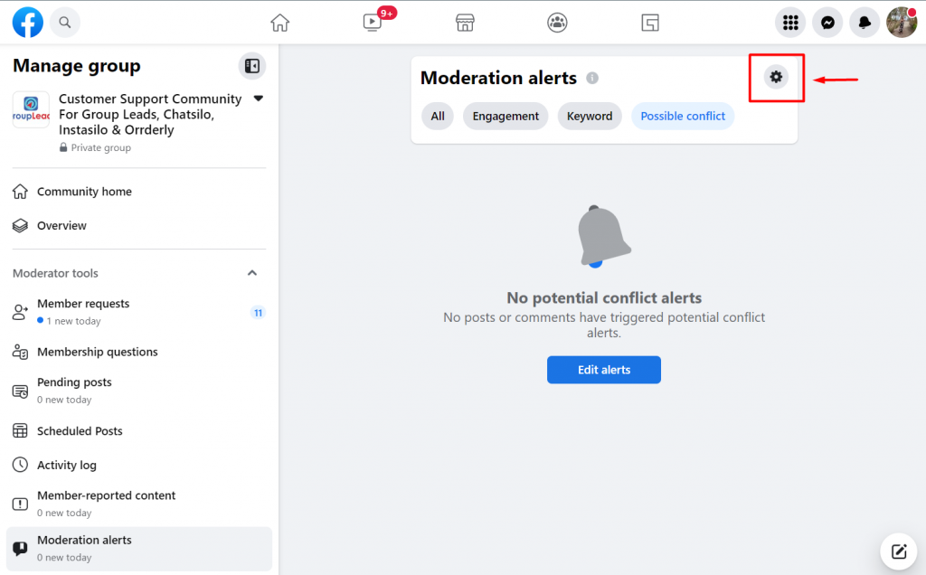 Facebook Group Moderation Alerts - gear icon