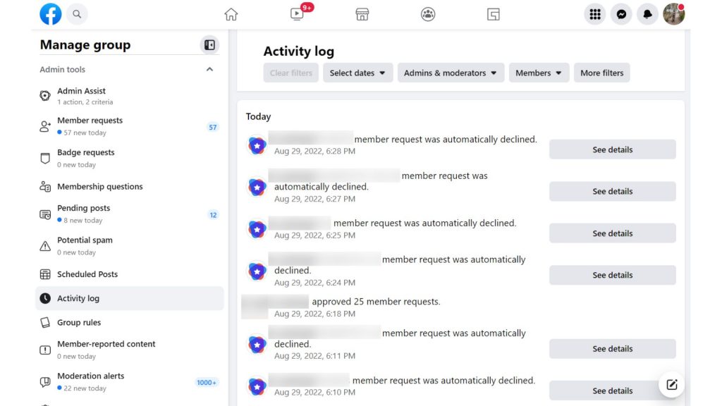 Facebook Group Admin Assist on member request approvals as seen in the activity log