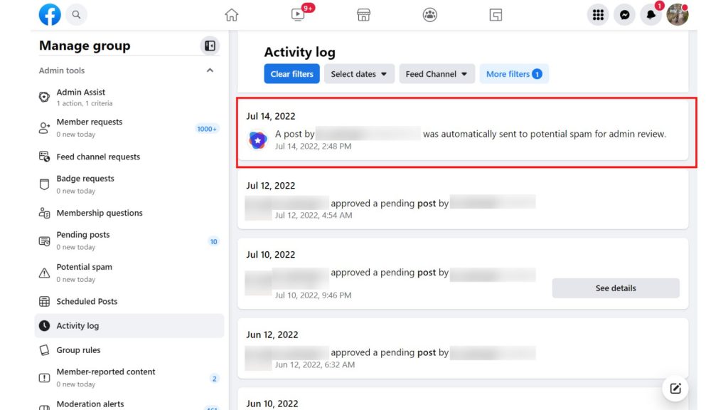 Facebook Group Admin Assist on post approval as seen in the activity log 