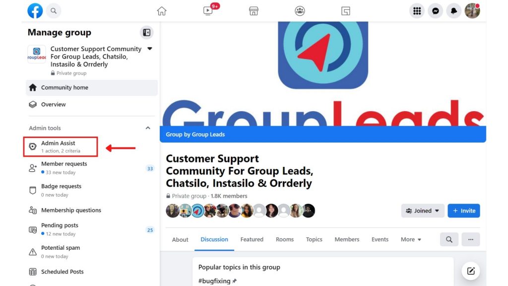 Facebook Group Admin Assist on the admin tools menu