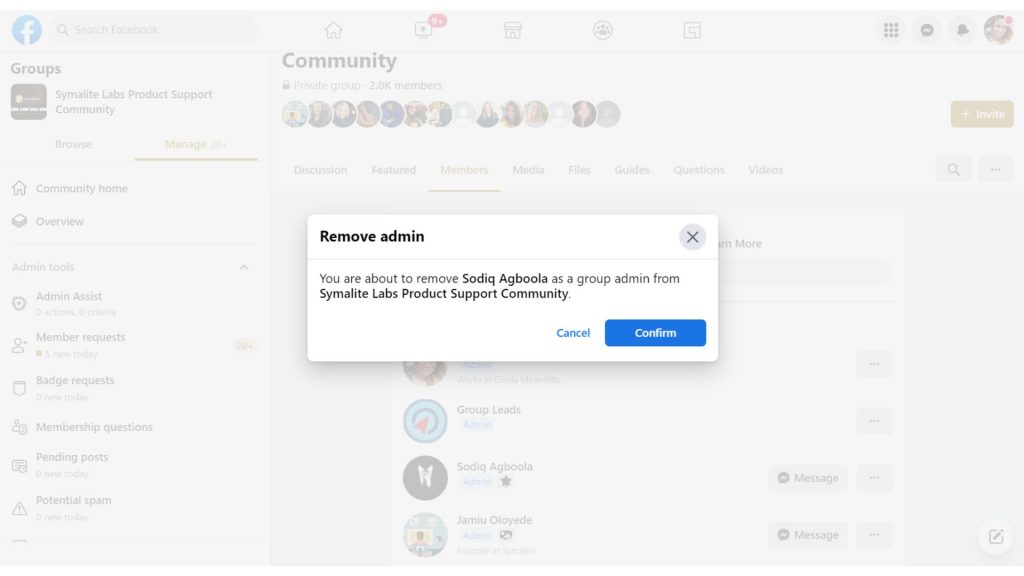 Click confirm - How to remove an admin from a Facebook Group
