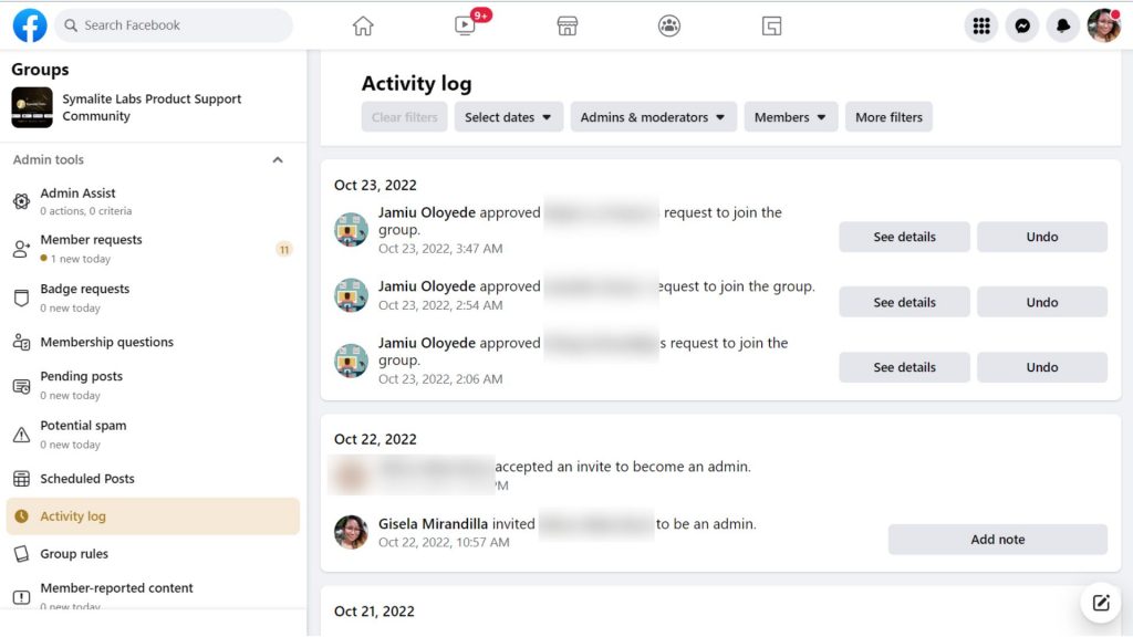 Facebook group Activity Log - Facebook group admin tools