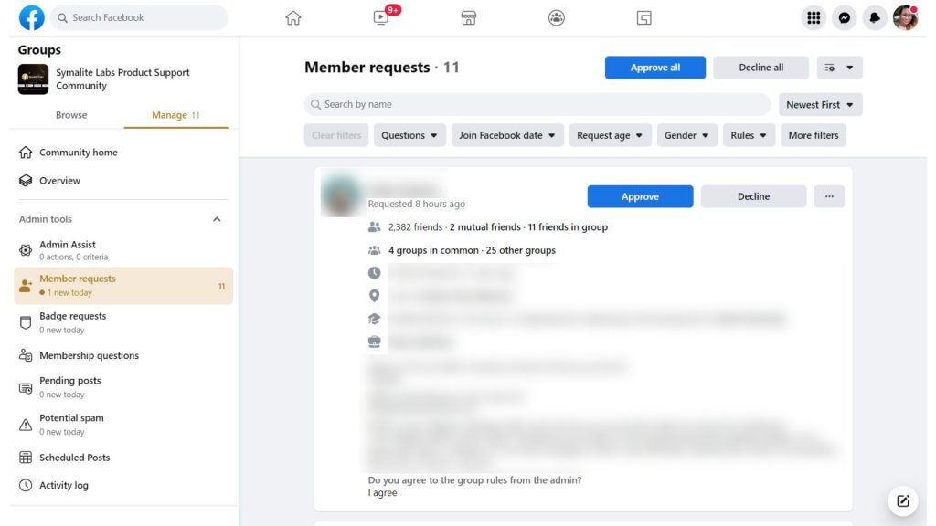 Sample member requests - Facebook group admin tools