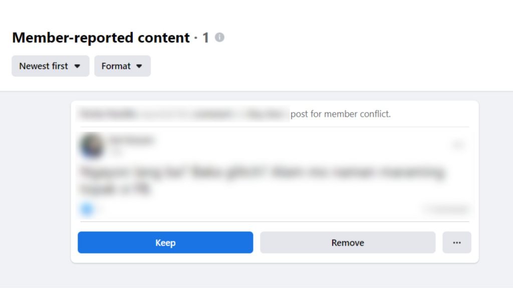 Sample reported content - Facebook group admin tools