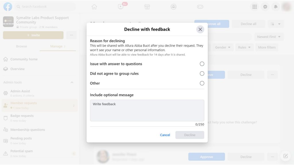 How to provide feedback - Facebook Group Decline with Feedback Feature