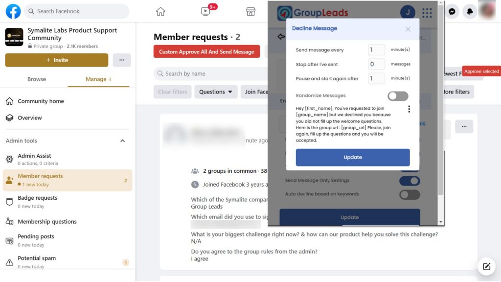 Sample message of Group Leads' decline with feedback feature - Facebook Group Decline with Feedback Feature