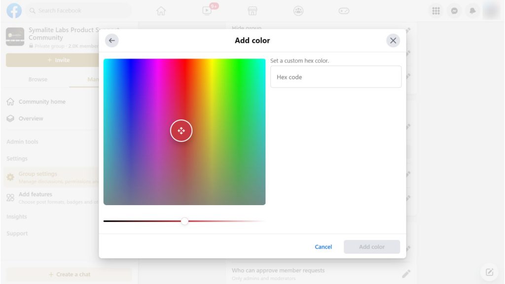 Adding a custom color using its hex code - Facebook group settings
