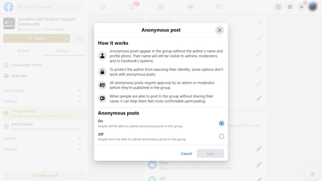 Anonymous post - Facebook group settings