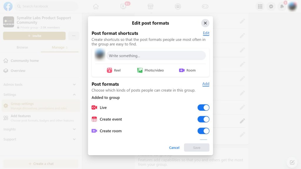 Edit Post Format - Facebook group settings