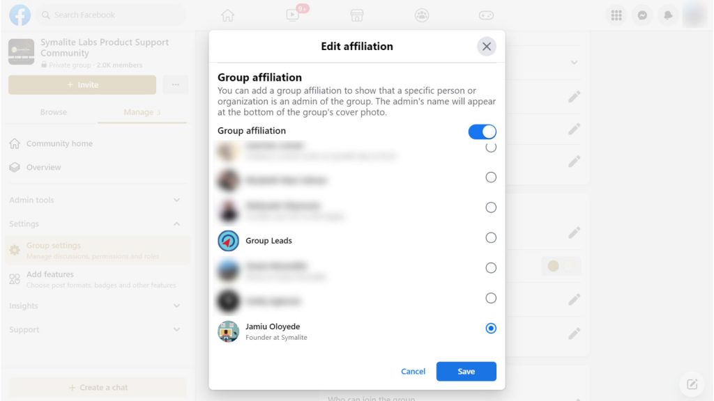 Group Affiliation - Facebook group settings