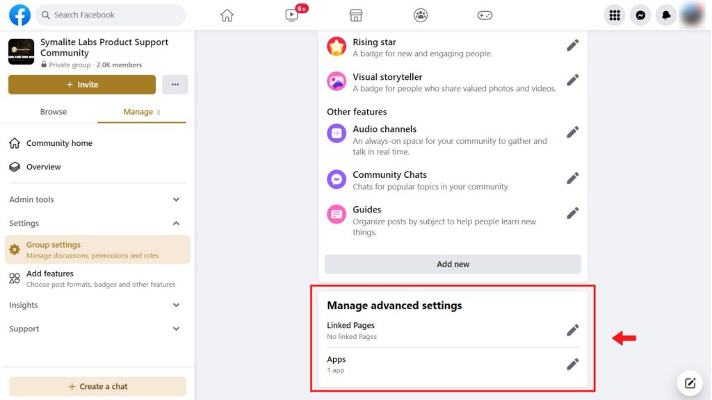 Manage Advanced Settings - Facebook group settings