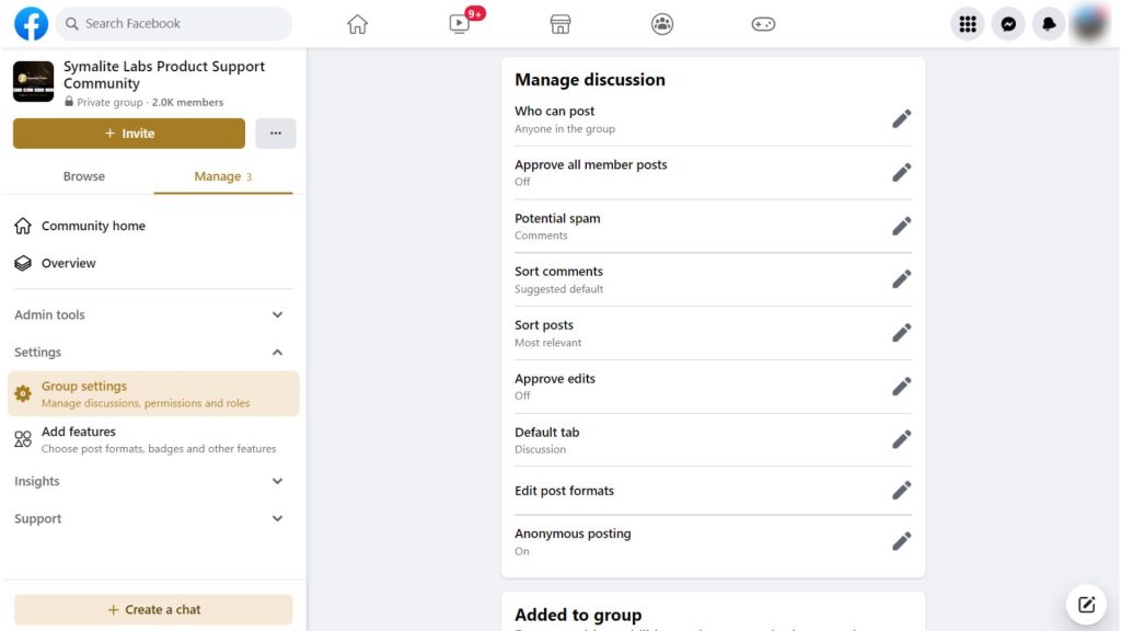 Manage Discussion - Facebook group settings
