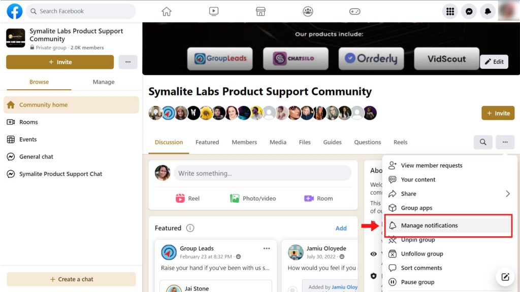 Select manage notifications from the three dots menu - How to turn on Facebook group notifications