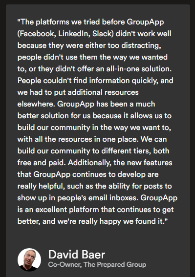 groupapp review - testimonial 2 from David Baer of The Prepared Group